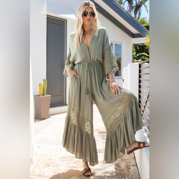 Sweet Lovely By Jen Pants - Chic Green Jumpsuit with Flowy Fit and V-Neckline